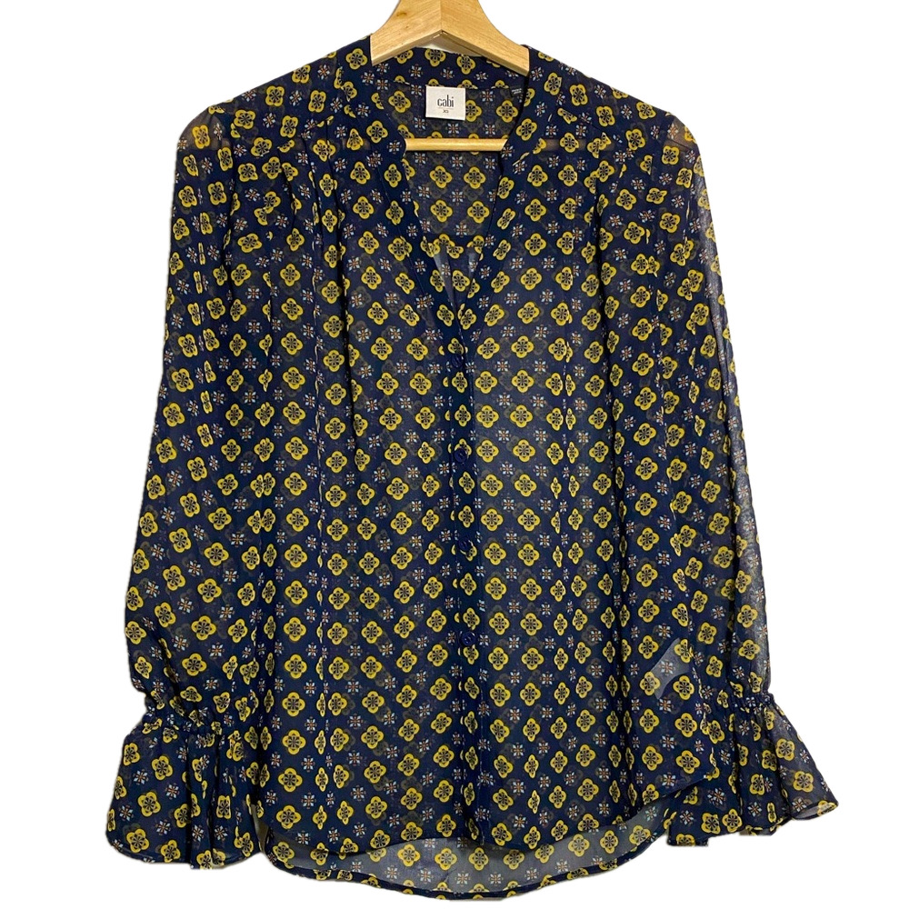 Cabi Mosaic V Neck Long Sleeve  Sheer lightweight Blouse